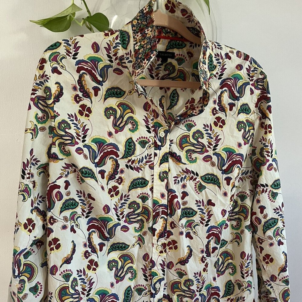 Talbot's Woman's XL Blouse All Over Paisley Button Up Cotton Pink purple Green